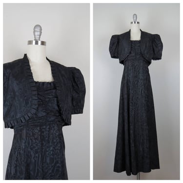 Vintage 1940s gown and matching bolero, full length dress, silk moire, taffeta 