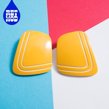 Large Vintage 70s 80s Yellow Carved Lucite Plastic Geometric Statement Earrings 