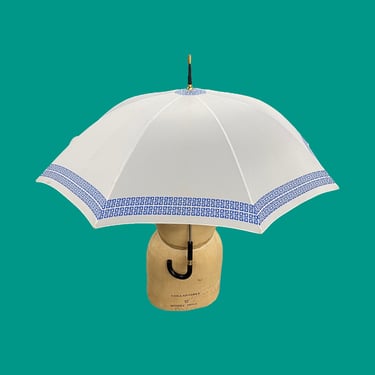 Vintage Givenchy Umbrella Retro 1970s Rain Accessory and Gear + Crook Handle + Off-White and Blue + Made in Paris + Fashion House + Raining 