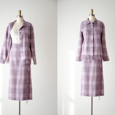 pastel plaid suit | 90s y2k vintage lavender lilac purple flannel wool fringed cottagecore wrap skirt jacket 2 piece suit set 