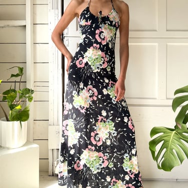 70s Dark Floral Knit Maxi Dress | XS