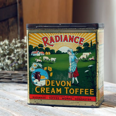 Vintage Toffee tin / Radiance Devon Cream Toffee metal tin / vintage food advertising tin / rustic farm decor / English candy tin 
