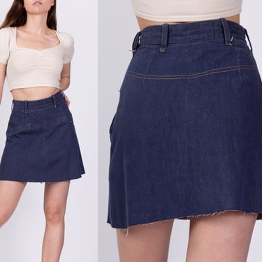 70s Denim A Line Mini Skirt Extra Small, 23.5" | Vintage Dark Wash Boho Cut Off Jean Skirt 