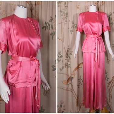 1940s Pajamas - Lush Vintage 40s Satin Pajama Set with Belted Top and Wide Leg Pants 