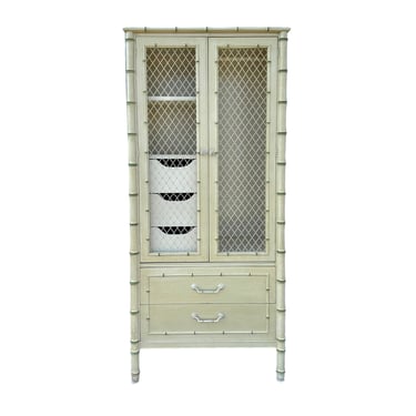 Faux Bamboo Armoire Dresser by Thomasville Allegro - Vintage Beige White Hollywood Regency Chinoiserie Kids Nursery Wardrobe Storage Cabinet 