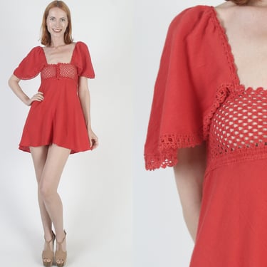 Short Cut Out Summer Sundress, Open Backless Revealing Micro Mini Dress, Vintage Red Net Cutout Bodycon Dress 