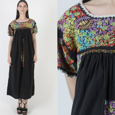 Black Oaxacan Pockets Dress Colorful Floral Mexican Hand Embroidered San Antonio Made In Mexico Frida Outfit XL 