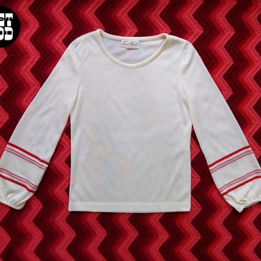 Lovely Vintage 70s Slightly Off-White Knit Top with Balloon Sleeves, Red Stripe and Floral Cutout 