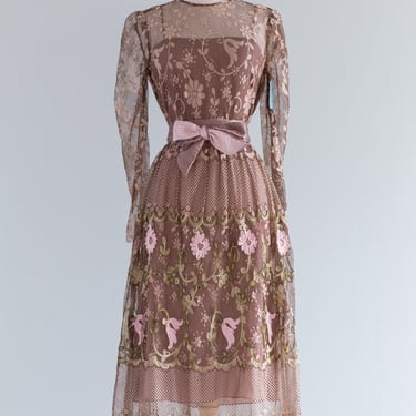Dreamy 1970's NOS Cocoa Lace Party Dress With Pink & Green Floral Soutache / Med.