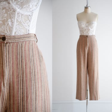 wide leg linen pants | 90s y2k plus size vintage light brown pink striped linen high waisted trousers 