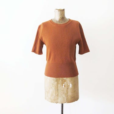 90s Rust Orange Ribbed Shirt S M  - Vintage 1990s Earth Tone Wool Knit Short Sleeve Top - Minimalist 