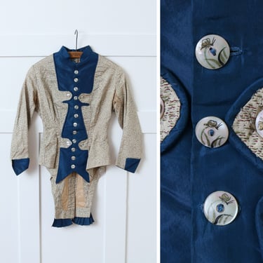 antique Victorian blouse • persian blue & pale gold woven silk with hand painted shell butterfly buttons 