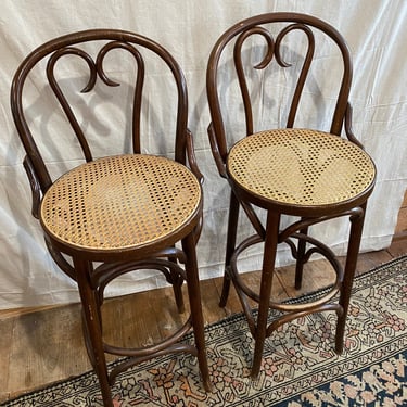 Pair of vintage bentwood cane stools, bentwood chairs, two bentwood stools, vintage bentwood counter stools, dark wood bentwood stools 