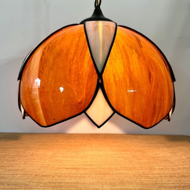 Vintage Slag Glass Amber Brown & Beige Ceiling Lamp - Hanging Swag Tulip Style 