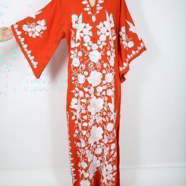 Vintage Mexican Orange Maxi Dress with White Floral & Bird Embroidery Summer Cruise Resort Beach Pool Vacation Vacay 