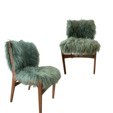Pair of Jens Risom Style Accent Chairs with Green Sheep Shearling Covers (Priced Individually)