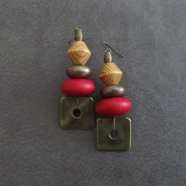Hammered bronze earrings, geometric earrings, unique mid century modern earrings, ethnic earrings, bohemian earrings, statement red earring2 