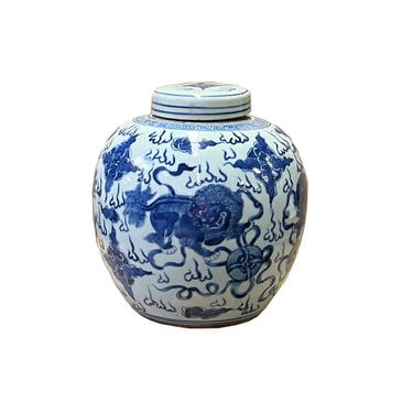 Hand-paint Foo Dogs Lions Blue White Porcelain Ginger Jar ws2537E 