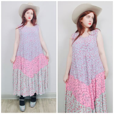 1990s Vintage Victoria Holley Pastel Tiered Swing Dress / Pink and Lavender Floral Rayon Smock Dress / Size Large - XL 