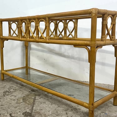 Vintage 50s Rattan + Glass Sofa Console Table 