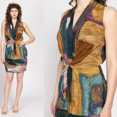 Medium 80s Earth Tone Abstract Print Top & Mini Skirt Set | Vintage Sleeveless Matching Two Piece Outfit 