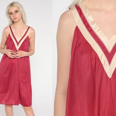 70s Nightie Raspberry Red Mini Slip Dress Sleeveless V Neck Nightgown Pajamas Lingerie Dress Low Back Boho Tent Lounge Vintage 1970s Large L 