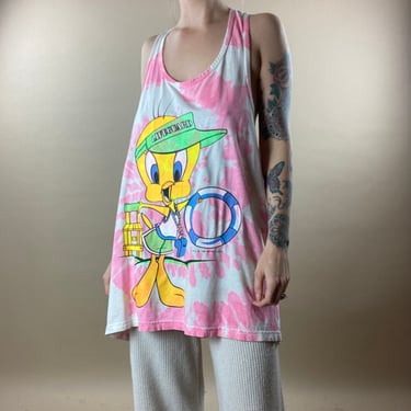 90s Oversized Tweety Bird Lifeguard Tank / Pink Acid Wash Tie Dye Beater / XL 