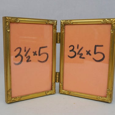 Vintage Hinged Double Picture Frame - Nice Decorative Corners - Gold Tone Metal w/ Glass - Holds Two 3 1/2
