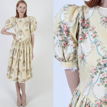 Colonial Print Romantic Dress 70s Yellow Southern Belle Outfit Old Fashion Print Ball Gown Victorian Inspired Costume Party 