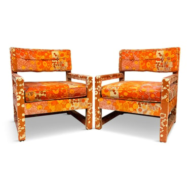 Milo Baughman Style Pair of Custom Parsons Chairs with Jack Lenor Larson Fabric