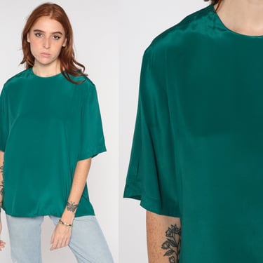 Plain Green Top 90s Short Sleeve Blouse Basic Simple Shirt Minimalist Streetwear Party Formal Solid Forest Green Vintage 1990s Medium M 10 