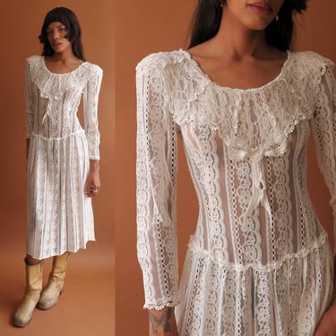 Vintage 80s Sheer Lace Prairie Style Dress/ 1980s Drop Waist White Dress/ Wedding Dress/ Size Small Medium 