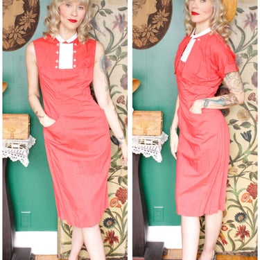 1950s Dress // Coral Pink Sheath Dress with Bolero // vintage 50s dress 