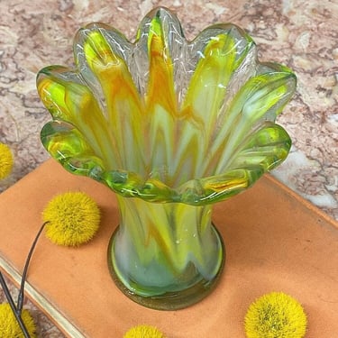 Vintage Flower Vase Retro 1990s Contemporary + Handblown Glass + Green + Yellow + Orange Colors + Murano Style +  Modern Home Decor 