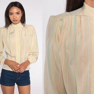Striped Blouse 80s Pale Yellow Shirt Long Sleeve High Neck Top Hidden Button Up Secretary Preppy Blue Pink Peach Vintage 1980s Small S 
