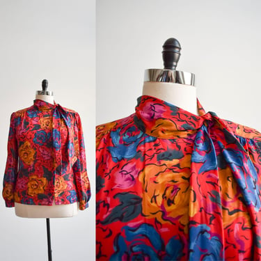 80s Red & Pink Abstract Floral Bow Blouse 