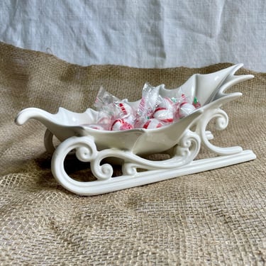 Vintage White Ceramic, Holly Sleigh, Winter Candy Dish, Neutral Christmas Holiday Decoration Decor - Holland Atlantic Mold, Hand Made 