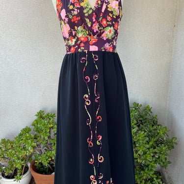 Vintage custom made boho maxi dress black with floral multi colors braid accents sz Medium. 