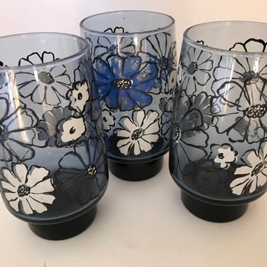 Set of (3) Libbey "Camellia - Blue and White Flowers"  Tumblers - Cobalt Blue- Retro Flower Power- 1960's 