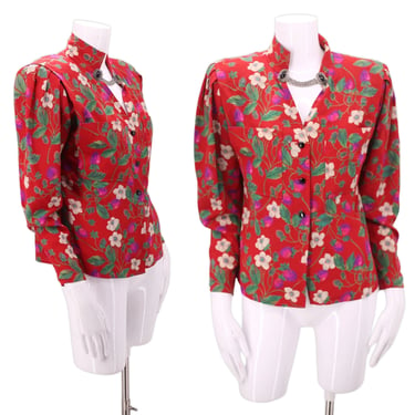 80s UNGARO berry print silk blouse sz 6 / vintage 1980s strong shoulder floral print Emanuel Ungaro top sz M-L 