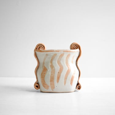 Vintage Handmade Ceramic Vase, Whimsical Stoneware Vase in Neutral White and Brown 