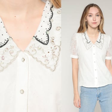 White Lace Blouse Y2K Floral Top Sheer Puff Sleeve Button Up Shirt Scalloped Embroidered Sequin Collar Girly Victorian Vintage 00s Small S 