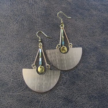 Large gold minimalist earrings, teal hematite, mid century modern Brutalist earrings, statement earrings, unique geometric earrings 