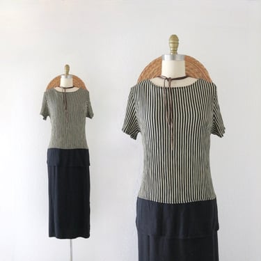 stripe double layer dress - m - womens vintage 90s y2k black striped long size medium maxi dress short sleeve minimal 