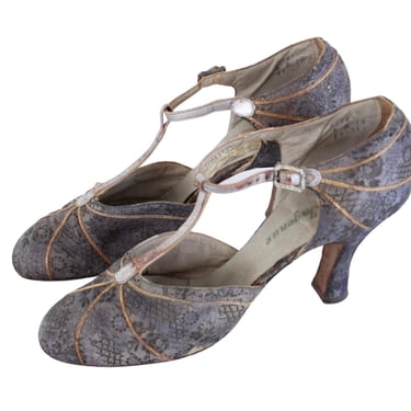 1920s Sable Blue Silk T-Strap Heels - Vintage 1920s Womens Shoes - 1920s High Heels - 1920s Blue Shoes - 1920s Art Deco Shoes | US Size 6 