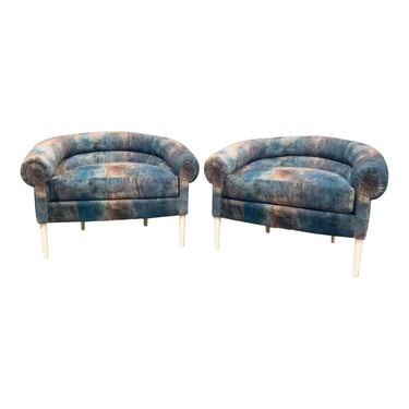Lillian August Abstract Modern Blue and Purple Rhodes Lounge Chairs Pair