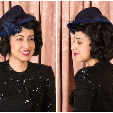 1940s Hat - Vintage 40s Navy Blue Felt and Royal Blue Velvet and Chenille Tilt Hat with Feather Spray 