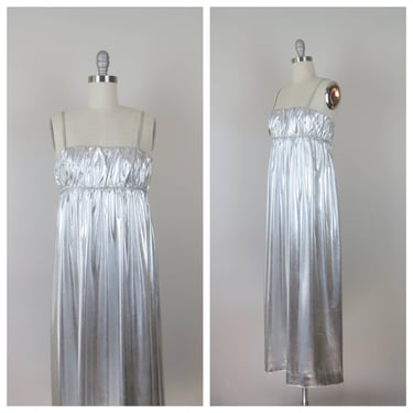 Vintage 1970s slip dress, lingerie, nightgown, metallic, NWT, deadstock, Eve Stillman 