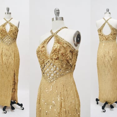 80s 90s Vintage Showgirl Gold Sequin Gown Dress XS Small // 80s Gold Beaded sequin Dress Trophy Wife Barbie Wedding Dress Pageant Show Max 
