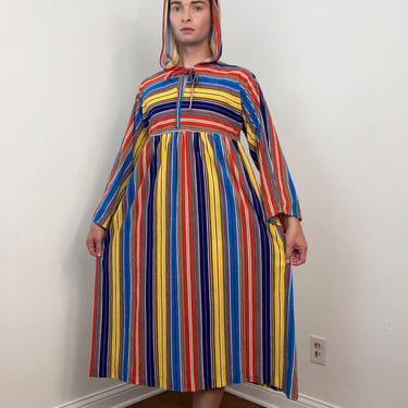 70s Handmade striped terry cloth kaftan with hood 